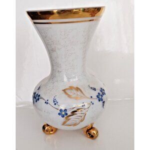 Three Footed French Frosted Glass Vase with Gold Gilding & Painted Florals MCM